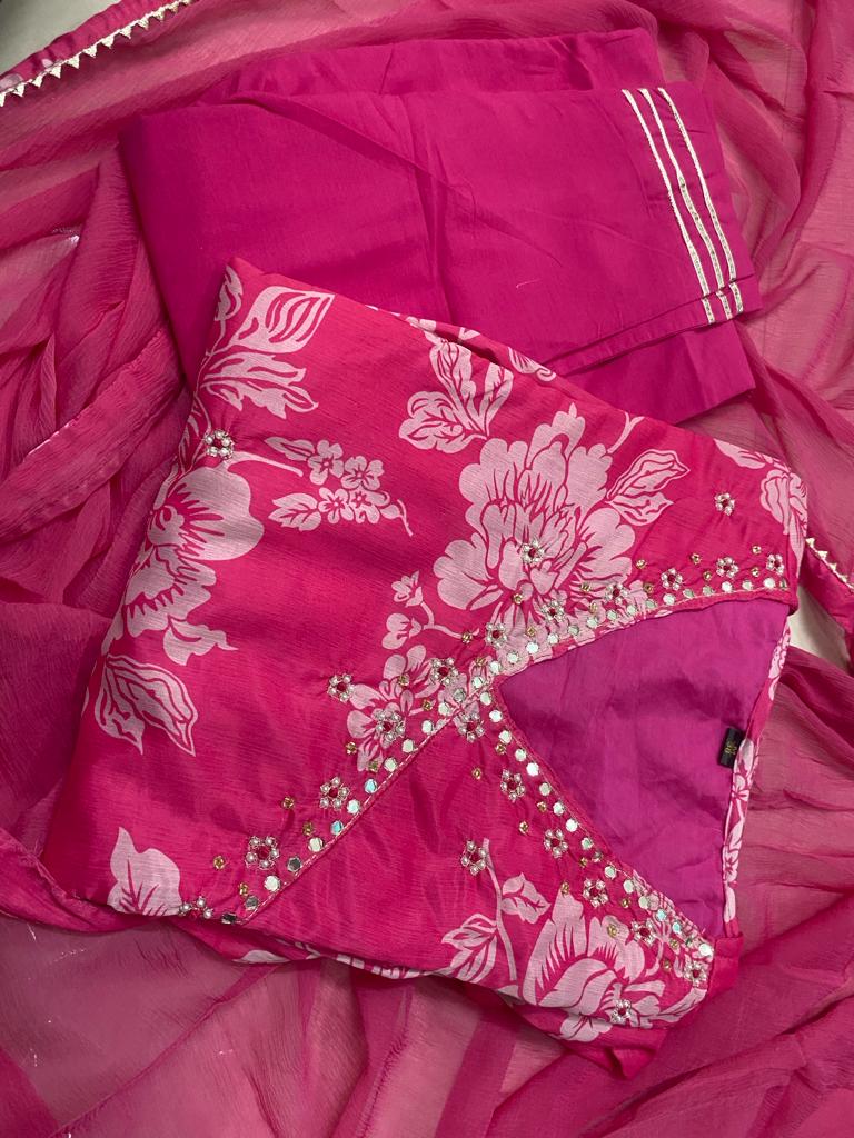 Maabetii Pink Floral Handwork Chinnon Angarkha Anarkali Suit Set