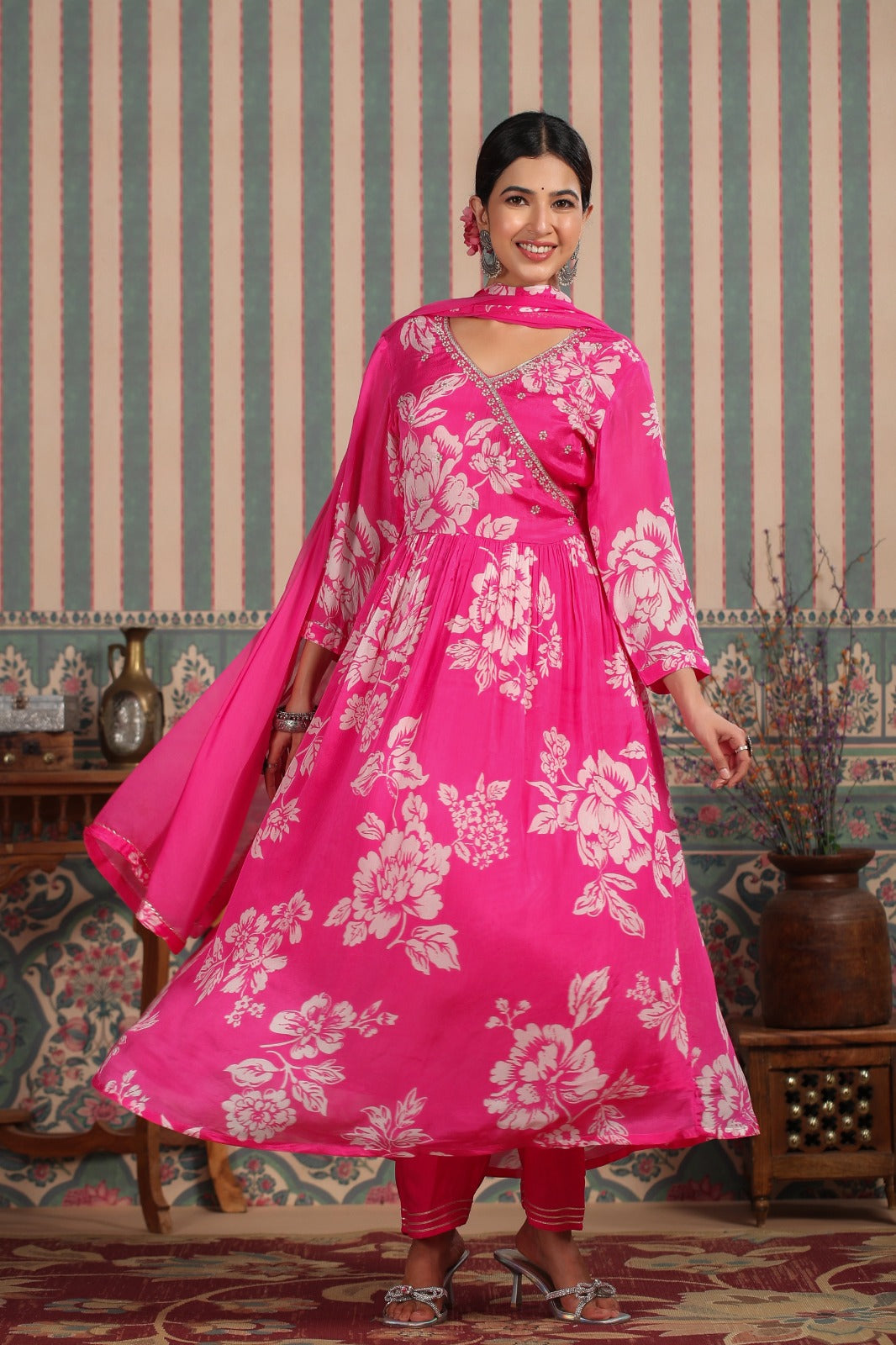 Maabetii Pink Floral Handwork Chinnon Angarkha Anarkali Suit Set