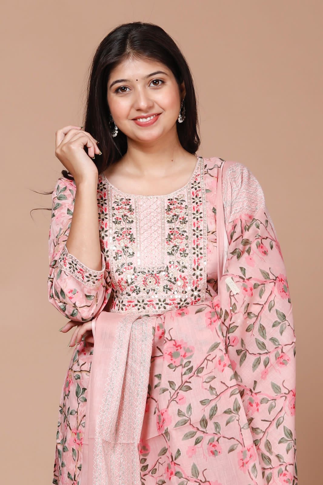 Maabetii Peach Floral Printed Embroider Cotton Afghani Suit Set