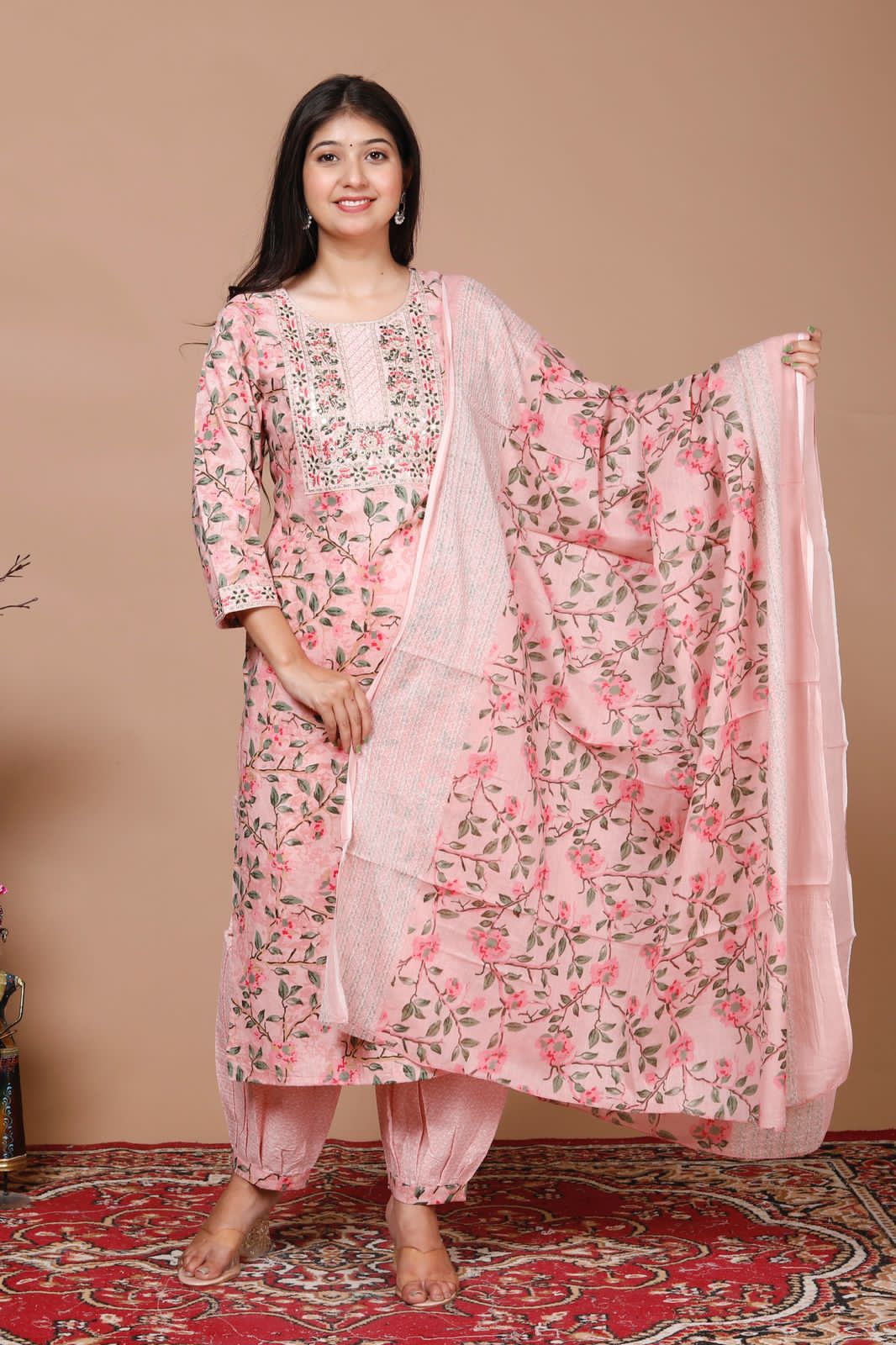 Maabetii Peach Floral Printed Embroider Cotton Afghani Suit Set