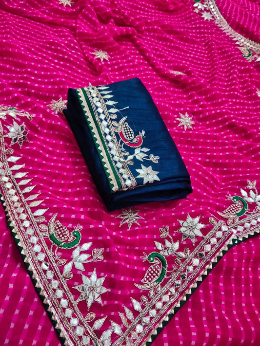 Maabetii Pink Georgette Mothara Saree with Gota Patti Hand Work