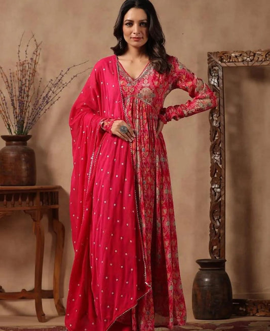 Maabetii Pink Hand Work Chinnon Alia Cut Suit Set