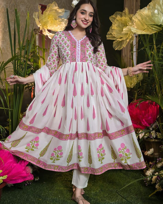 Maabetii Pink Mughal Motif Printed Embroider Cotton Anarkali Suit Set