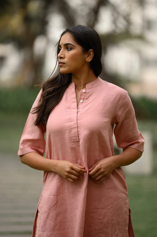 Maabetii Peach Plain Cotton A Line Kurti with Plazo Coord Set