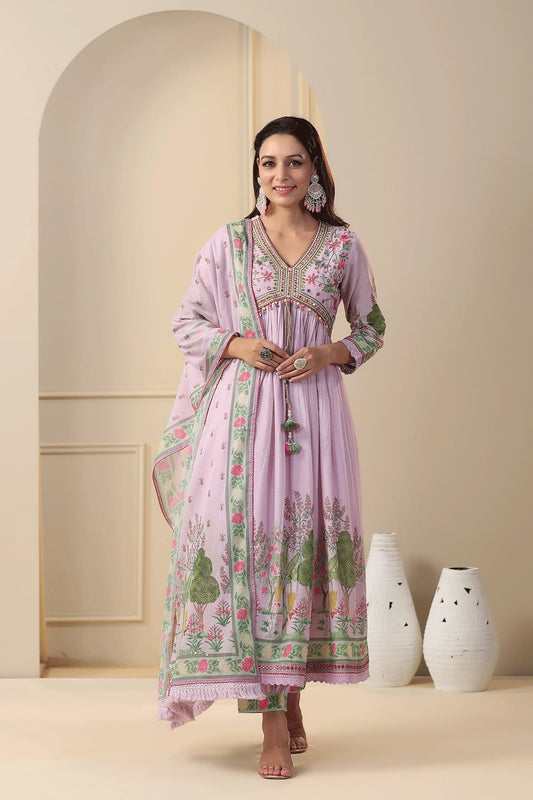 Maabetii Pink Printed Embroider Muslin Alia Cut Afghani Suit Set