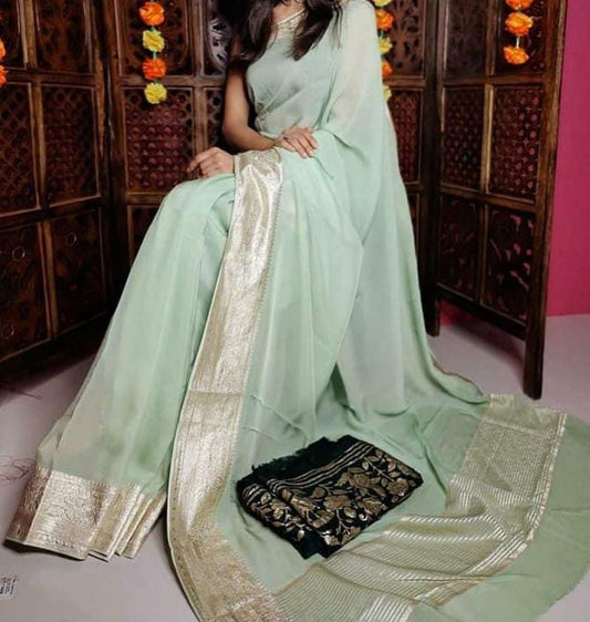 Maabetii Pista Green Zari Work Organza Plain Saree