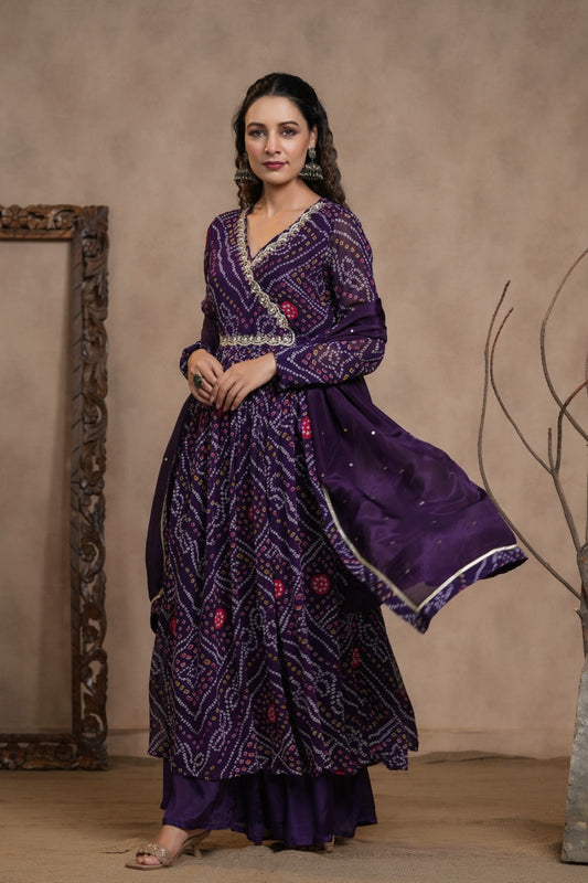 Maabetii Purple Chinon Angarkha Bandhani Suit Set