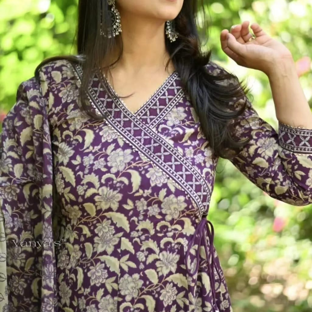 MaaBetii Purple Cotton Embroider Angrakha Anarkali Suit Set