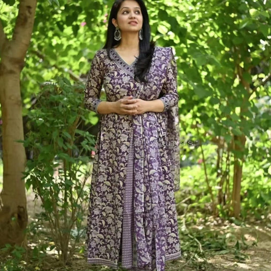 MaaBetii Purple Cotton Embroider Angrakha Anarkali Suit Set