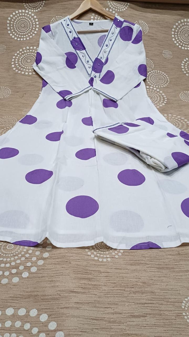 Maabeti Purple Polkar Dot Printed Cotton Embroidery Co-ord Set - OFFICE WEAR