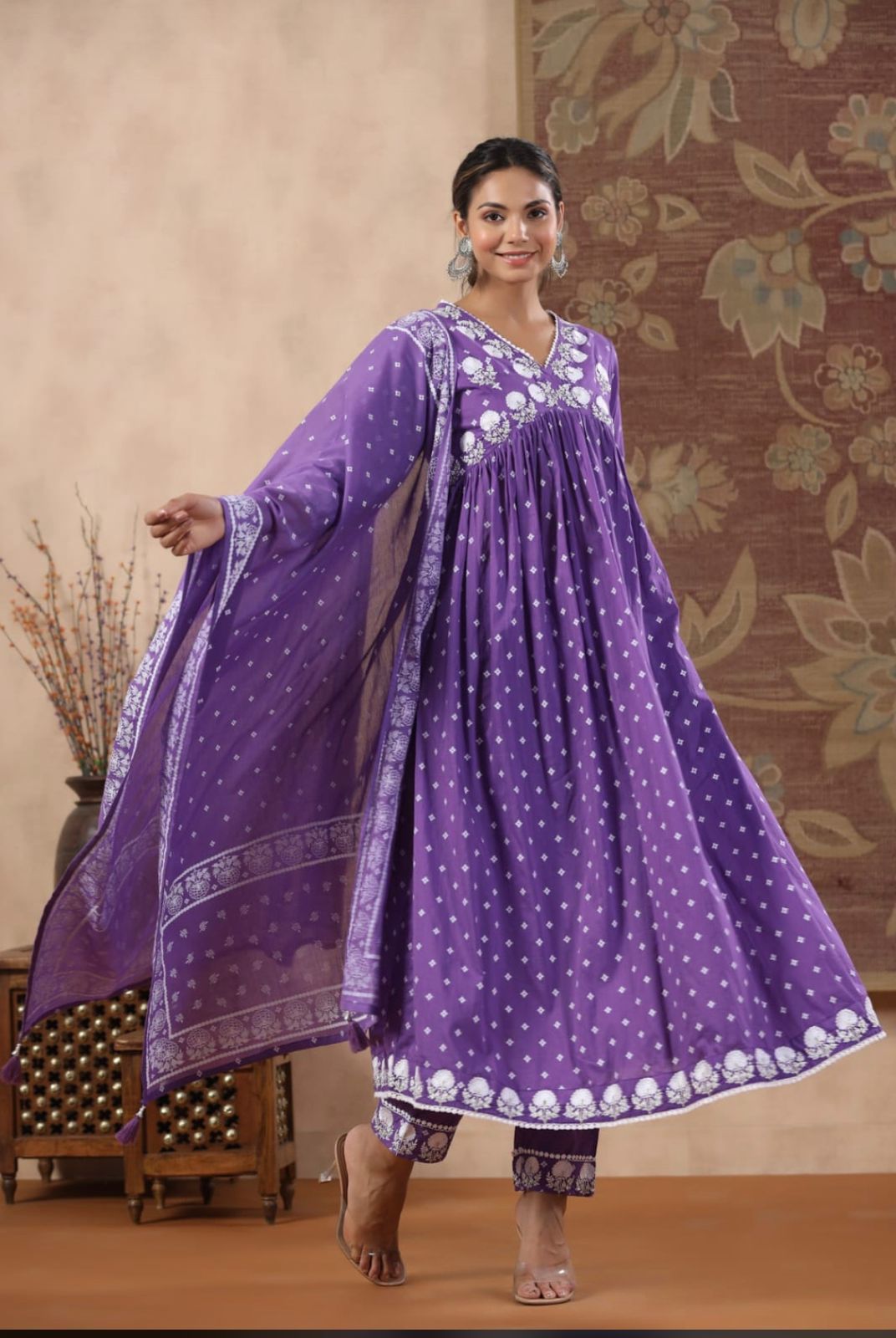 MaaBetii Purple Cotton Printed and Lace work Alia Cut Suit Set