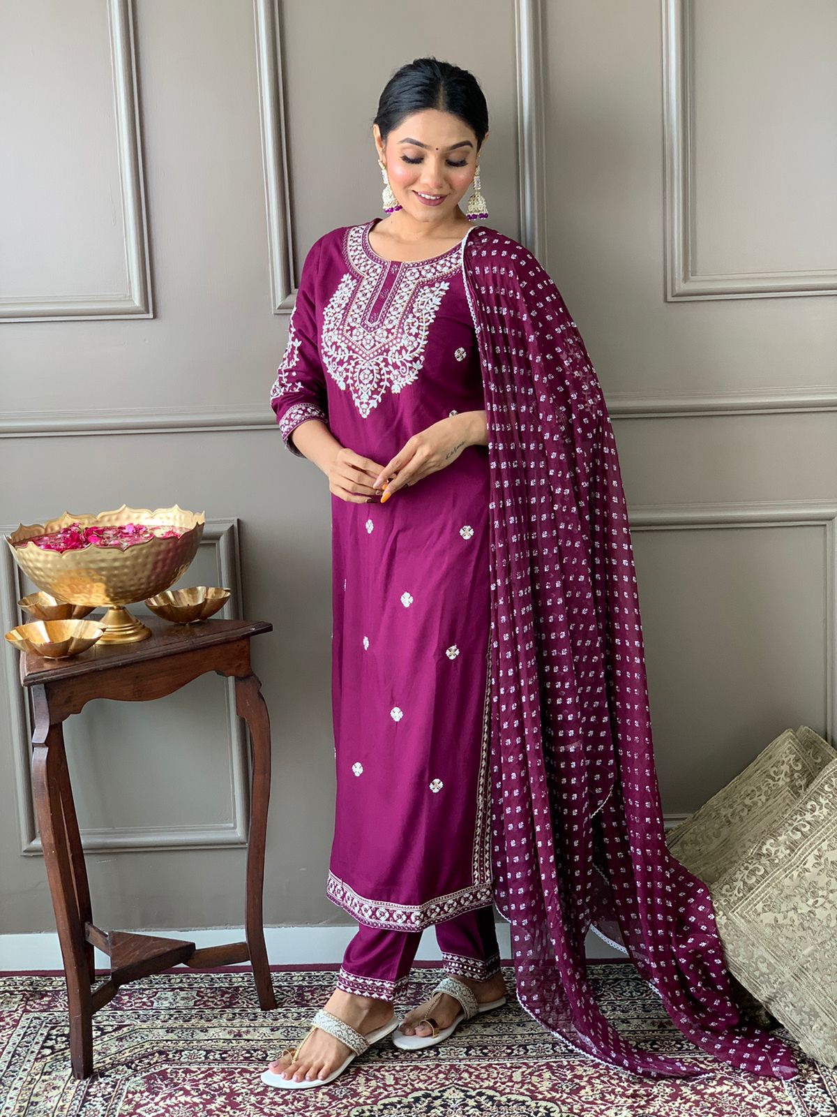 Maabetii Purple Embroider High Quality Rayon Straight Suit Set