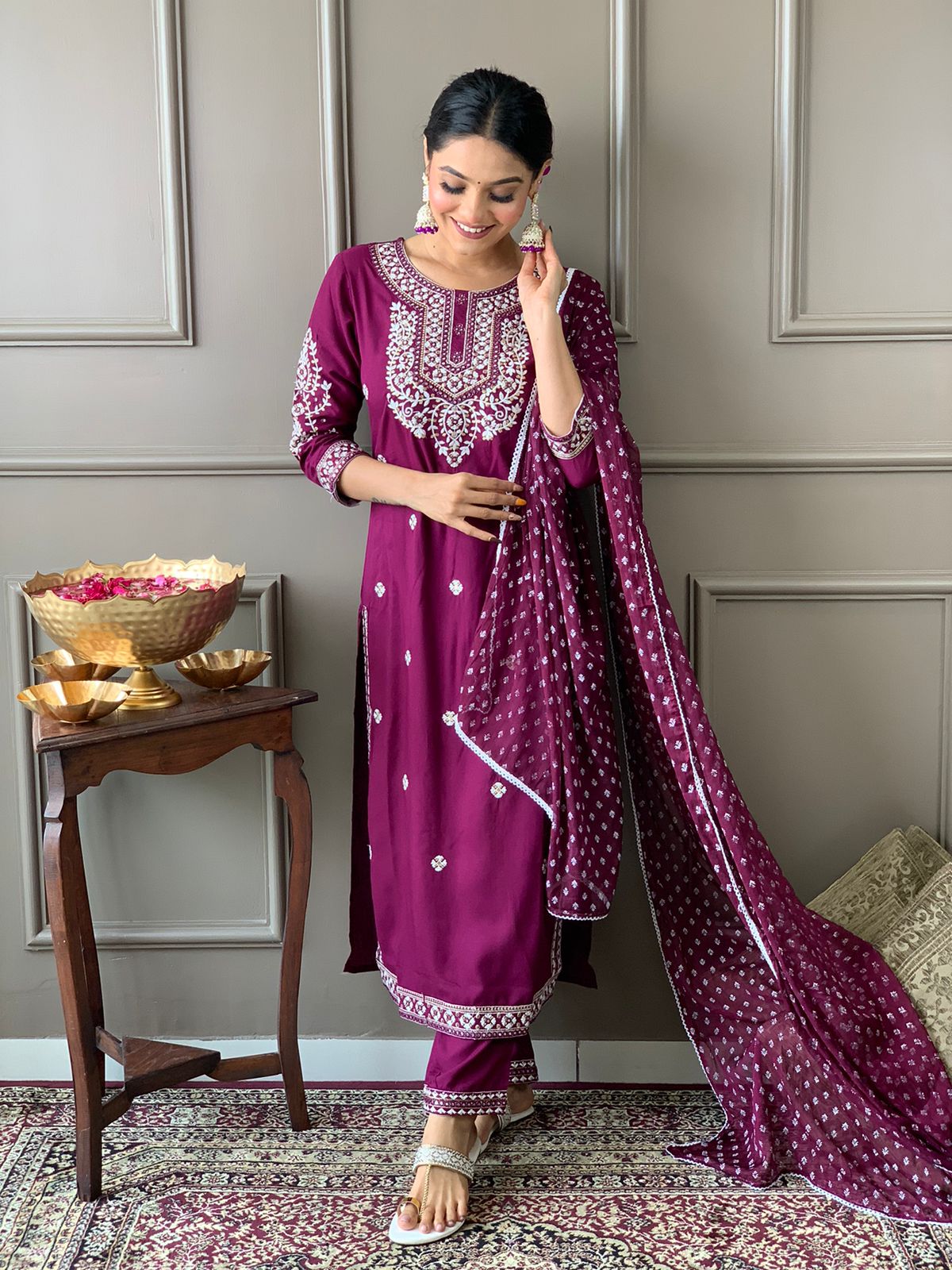 Maabetii Purple Embroider High Quality Rayon Straight Suit Set