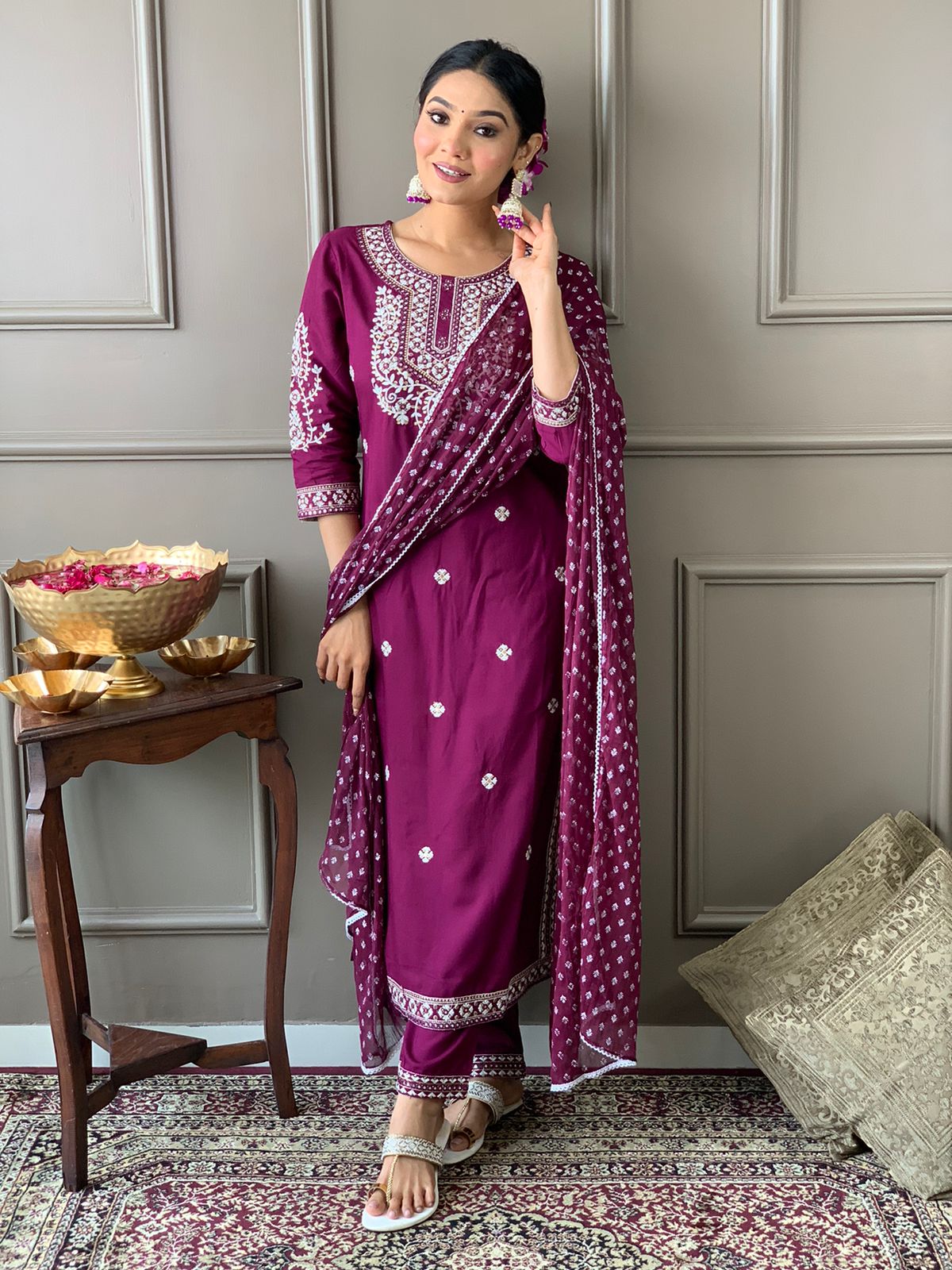 Maabetii Purple Embroider High Quality Rayon Straight Suit Set