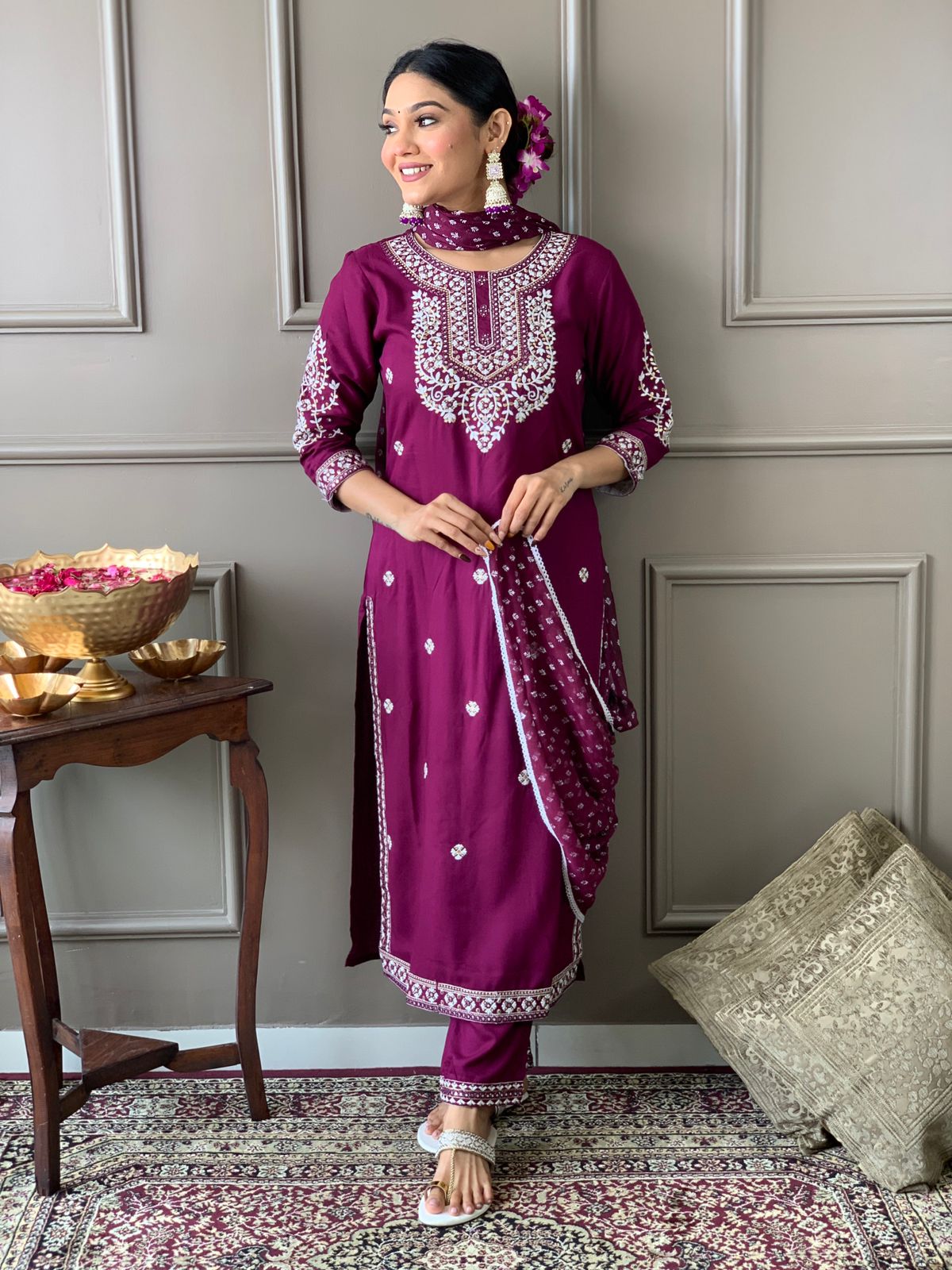 Maabetii Purple Embroider High Quality Rayon Straight Suit Set