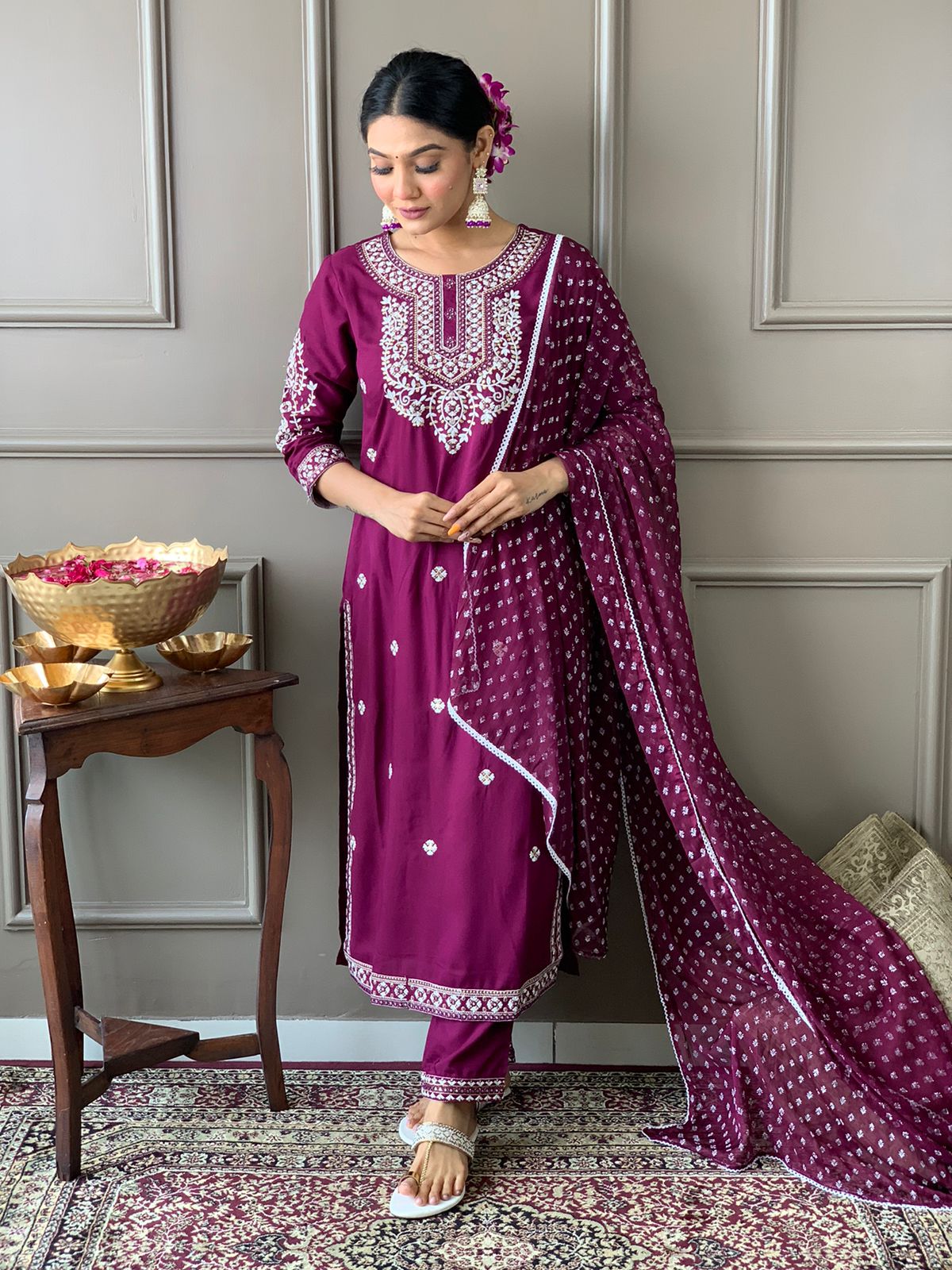 Maabetii Purple Embroider High Quality Rayon Straight Suit Set