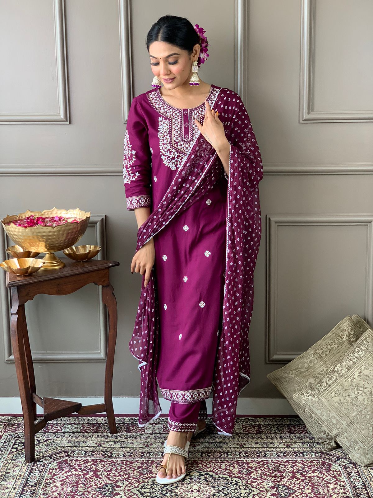 Maabetii Purple Embroider High Quality Rayon Straight Suit Set