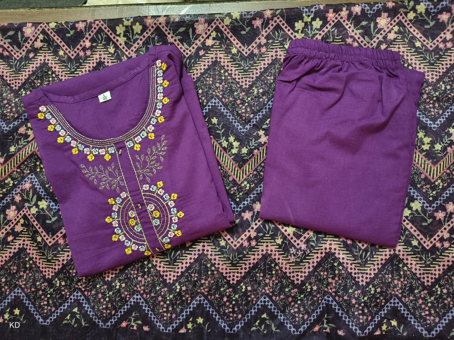 MaaBetii Purple Embroider Neck Handwork Cotton Straight Suit Set