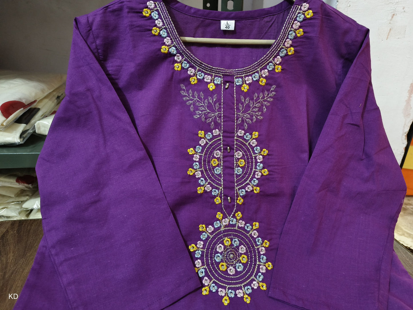 MaaBetii Purple Embroider Neck Handwork Cotton Straight Suit Set