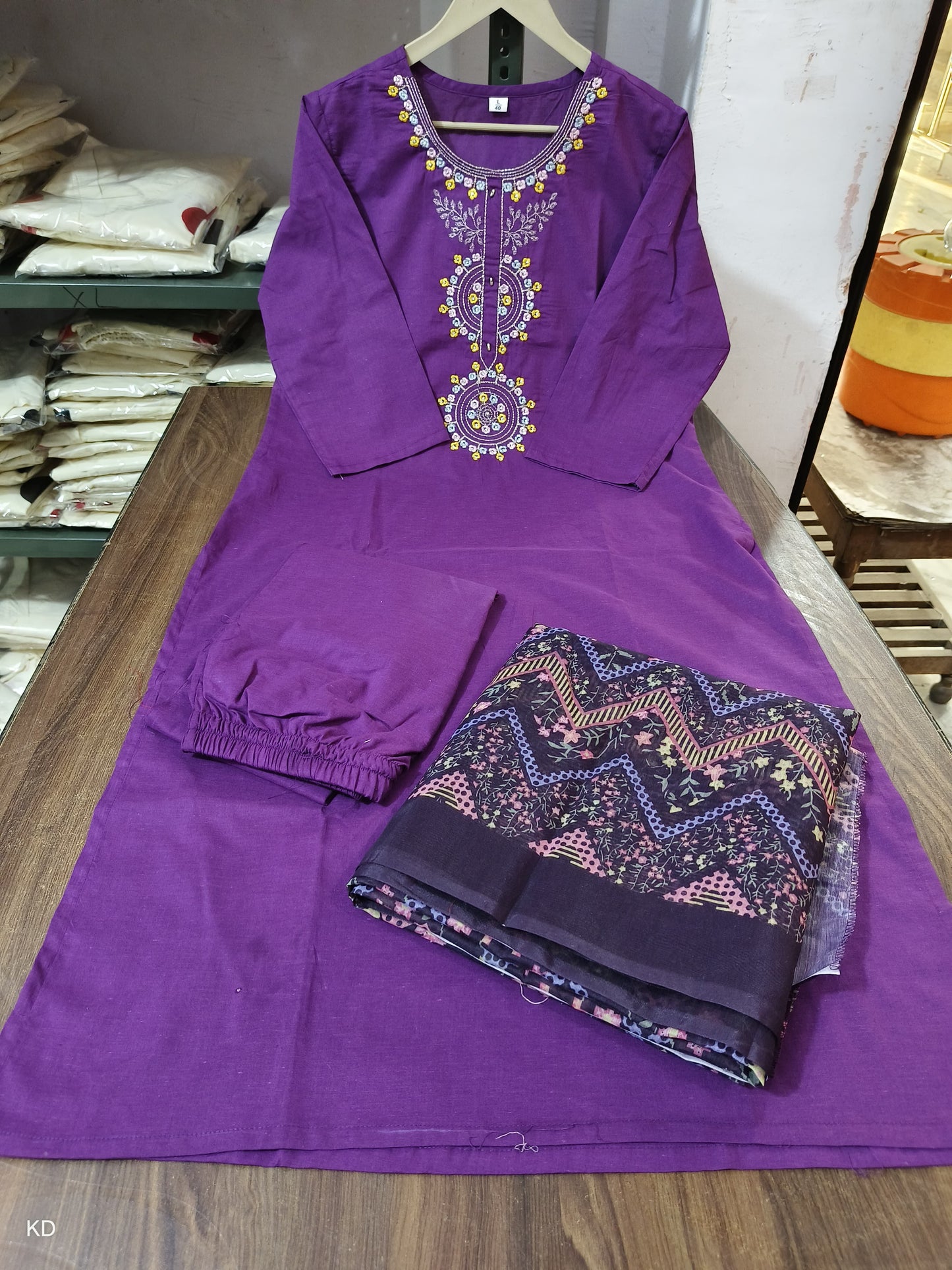 MaaBetii Purple Embroider Neck Handwork Cotton Straight Suit Set