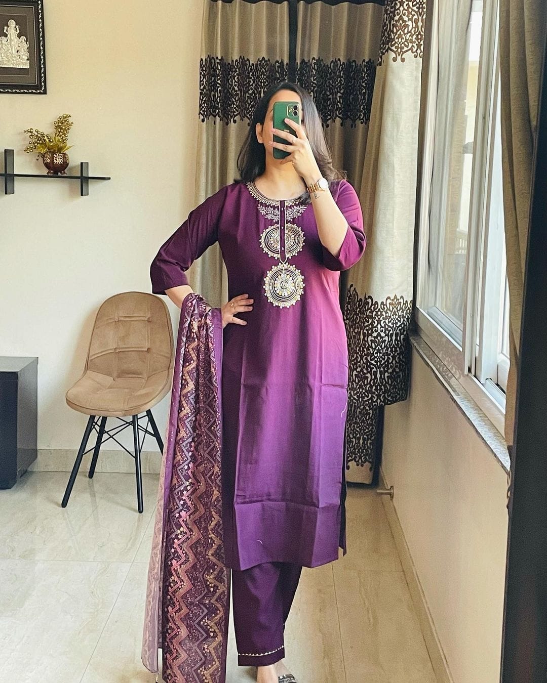 MaaBetii Purple Embroider Neck Handwork Cotton Straight Suit Set