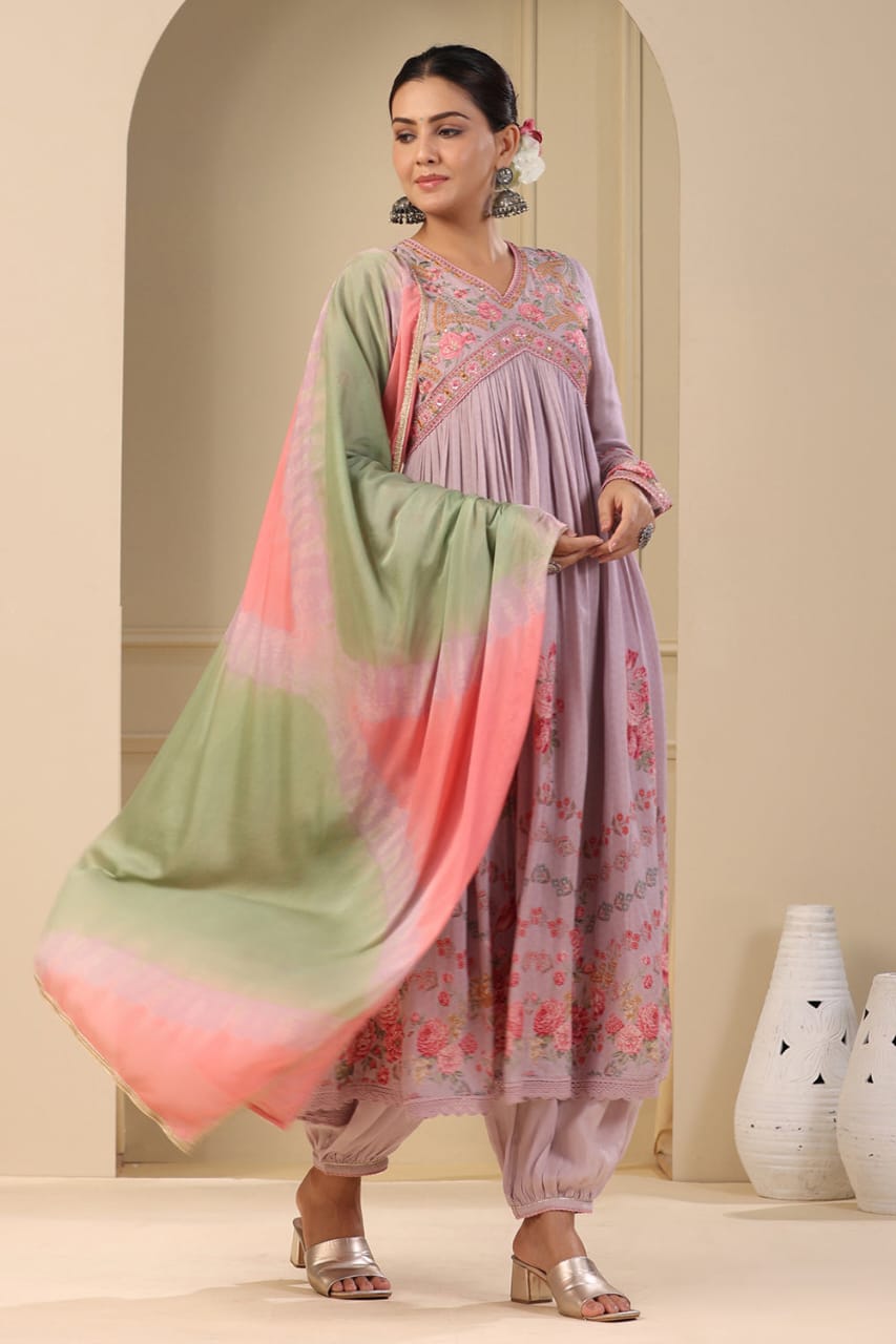 Maabeti Purple Embroider Printed Muslin Alia Cut Afghani Suit Set