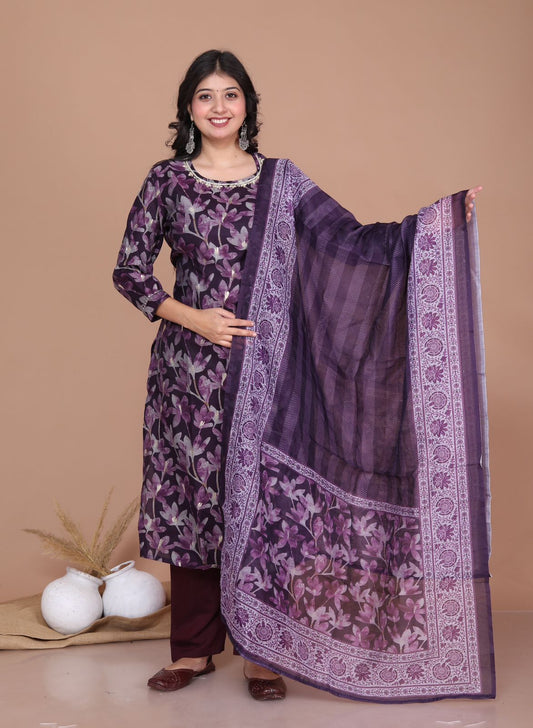 Maabetii Purple Floral Sequence Embroider Muslin Straight Suit Set