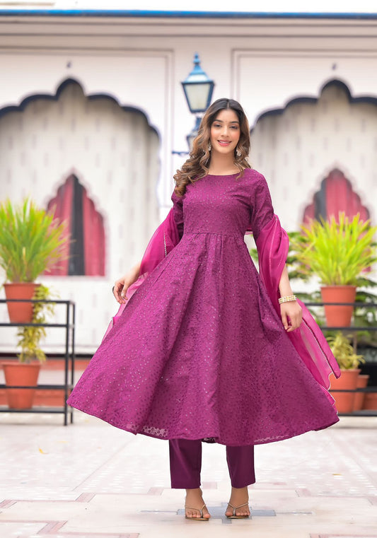 Maabetii Purple Silfi Embroider Cotton 18 Kali Anarkali Suit Set