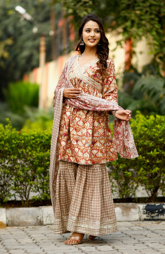 Maabetii Red & Brown Gota Embroider Work Rayon Peplum Sharara Suit Set