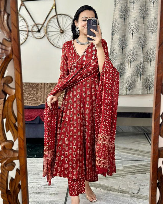 MaaBetii Red Cotton Printed Angarkha Anarkali Suit Set