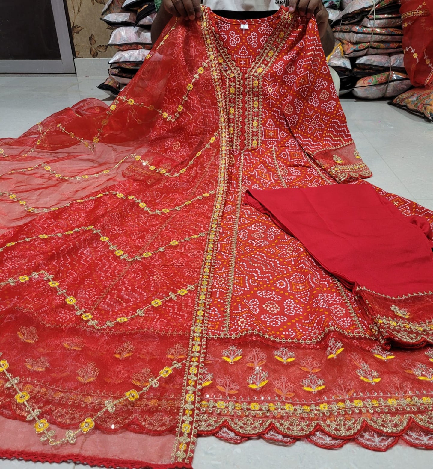 Maabetii Red Embroider Printed Rayon Anarkali Suit Set