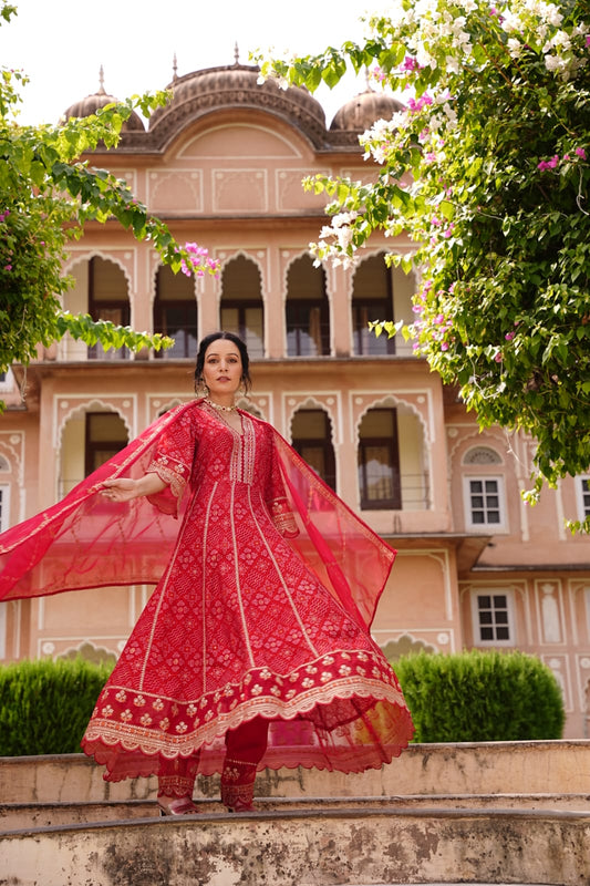 Maabetii Red Embroider Printed Rayon Anarkali Suit Set