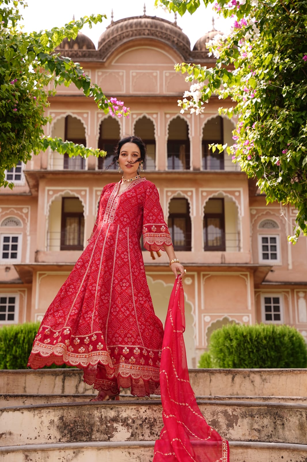 Maabetii Red Embroider Printed Rayon Anarkali Suit Set