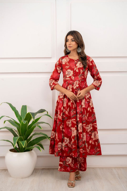 Maabetii Red Floral Digital Print Cotton Anarkali Plazo Suit Set