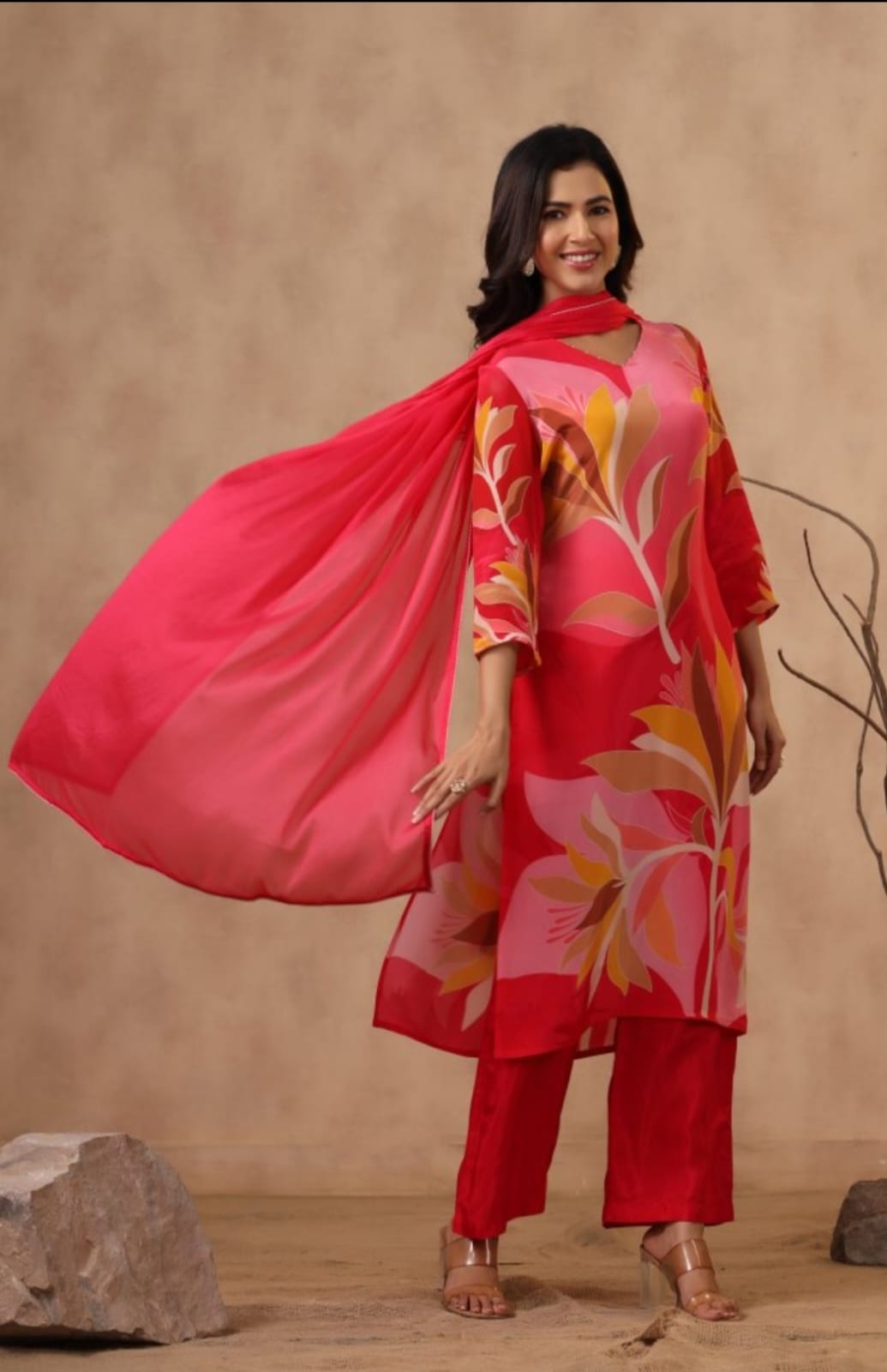 Maabetii Red Floral Digital Printed Crepe Silk Straight Suit Set