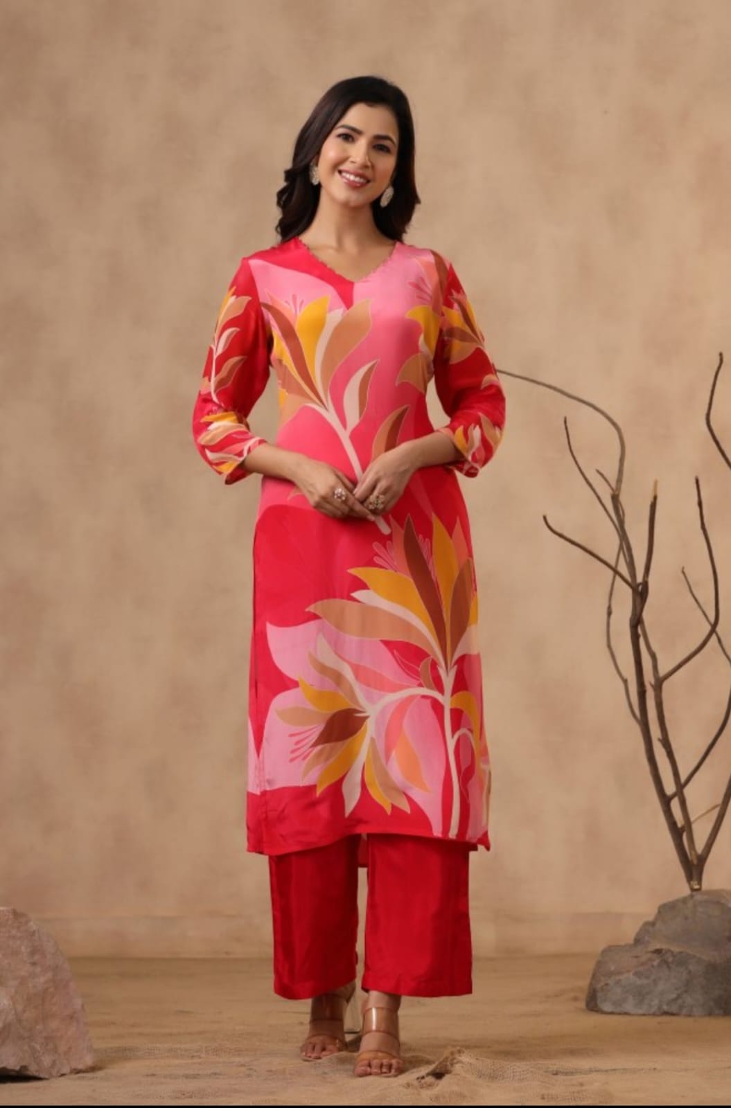 Maabetii Red Floral Digital Printed Crepe Silk Straight Suit Set