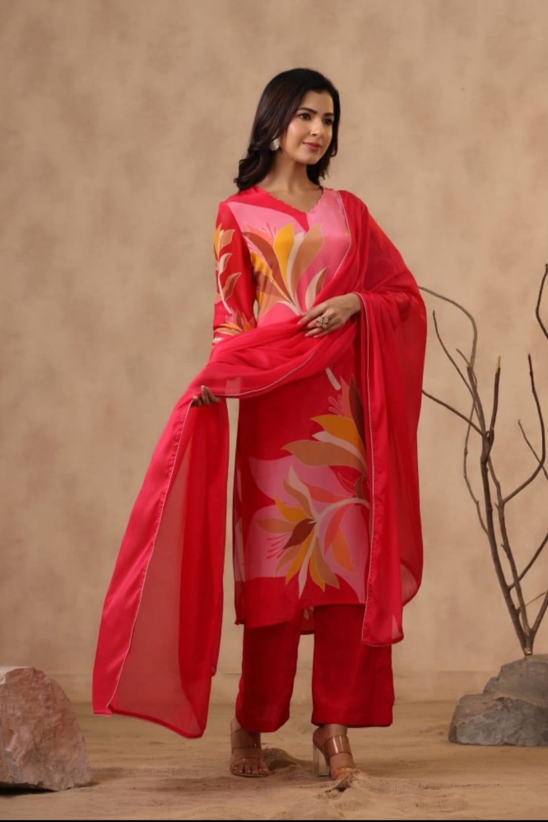 Maabetii Red Floral Digital Printed Crepe Silk Straight Suit Set