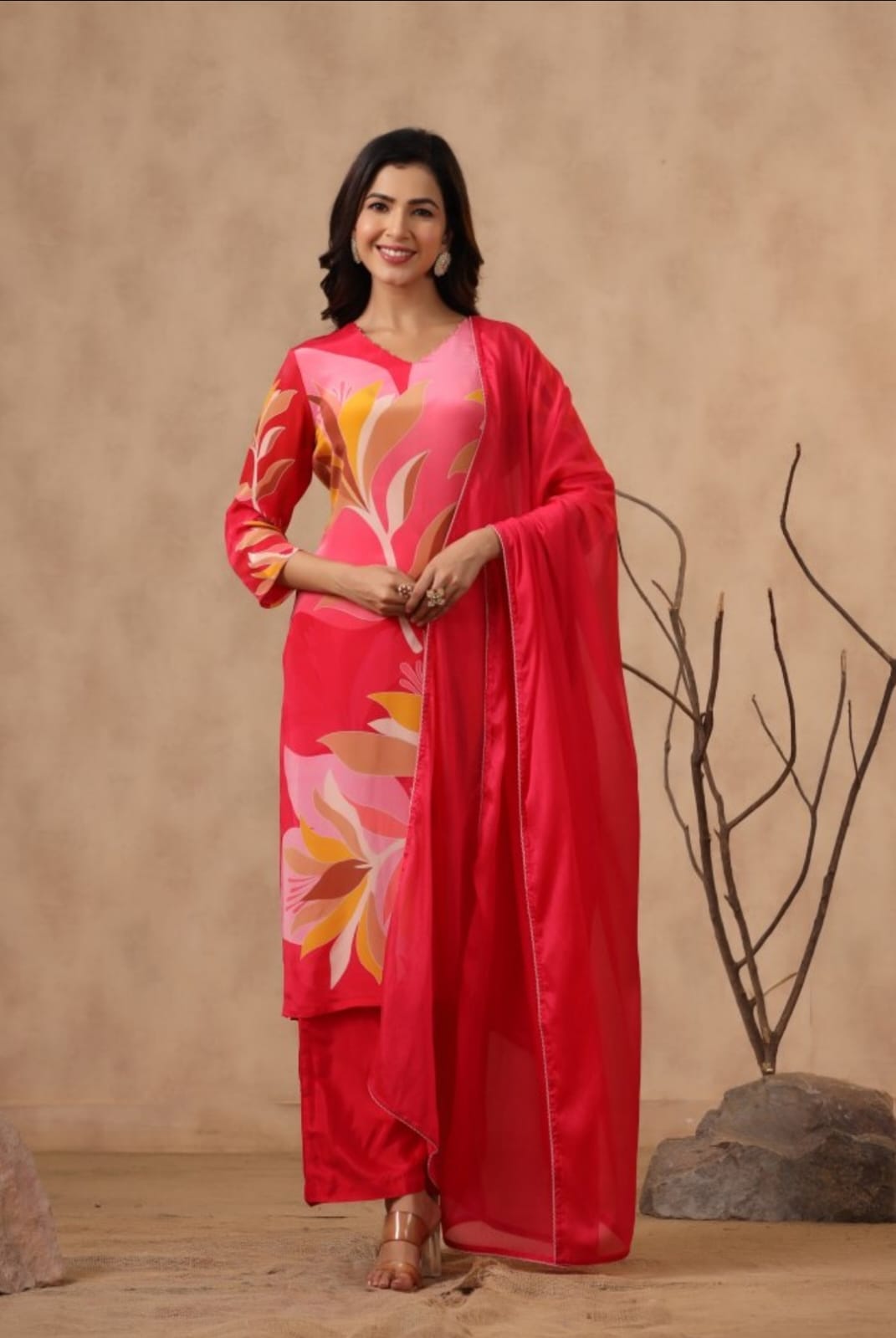 Maabetii Red Floral Digital Printed Crepe Silk Straight Suit Set