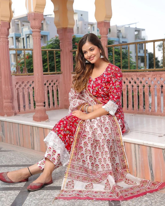 MaaBetii Red Floral Embroider Handwork Cotton Straight Suit Set