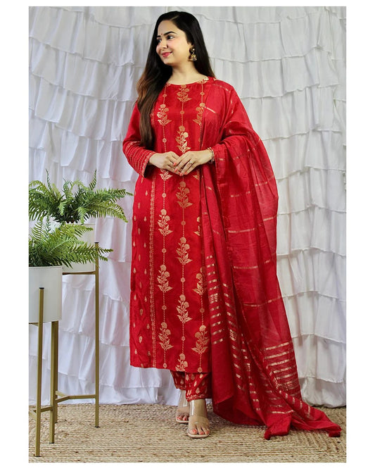 Maabetii Red Golden Printed Rayon Straight Suit Set