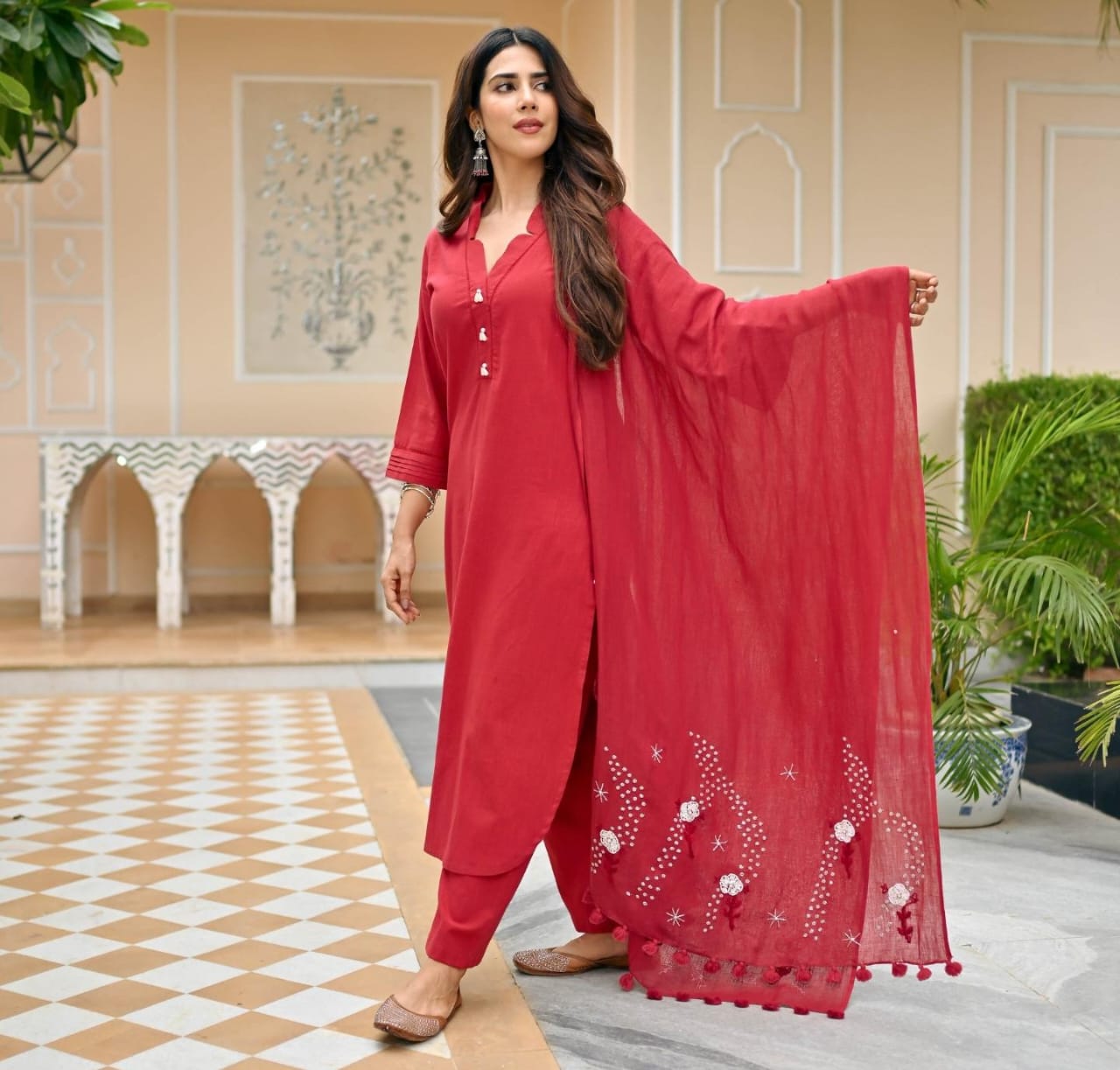 Maabetii Red Moti Work Embroidery Cotton Straight Suit Set