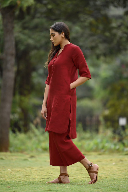 Maabetii Red Plain Cotton A Line Kurti with Plazo Coord Set