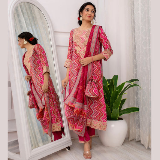 Maabetii Red Printed Embroidery Cotton Straight Suit Set with POTLI