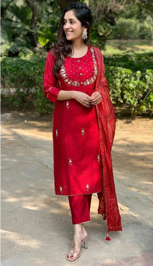 Maabetii Red Rayon Festive Wear Straight Kurta with Matching Pant and Duppatta Suit Set