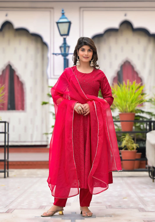 Maabetii Red Silfi Embroider Cotton 18 Kali Anarkali Suit Set