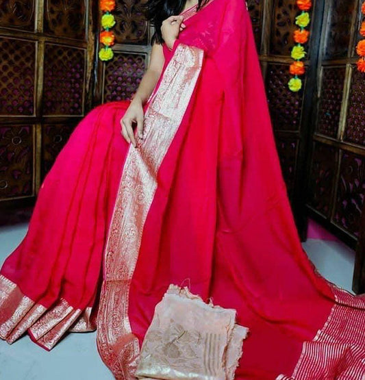 Maabetii Red Zari Work Organza Plain Saree