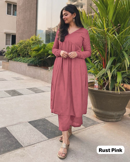 Maabetii Simple Pink Color Rayon Solid Kurta Plazzo Coord Set