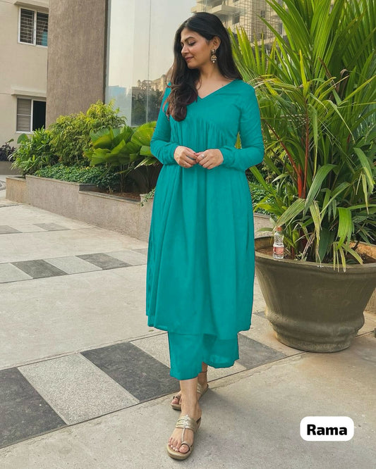 Maabetii Simple Turquoise Sky Blue Rayon Solid Kurta Plazzo Coord Set