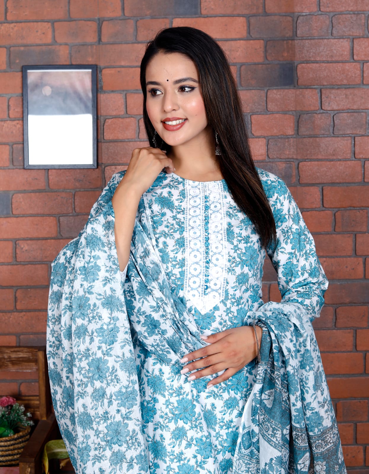 Maabeti Floral Printed  Sky Blue Cotton Lace Work Round Neck Straight Suit Set