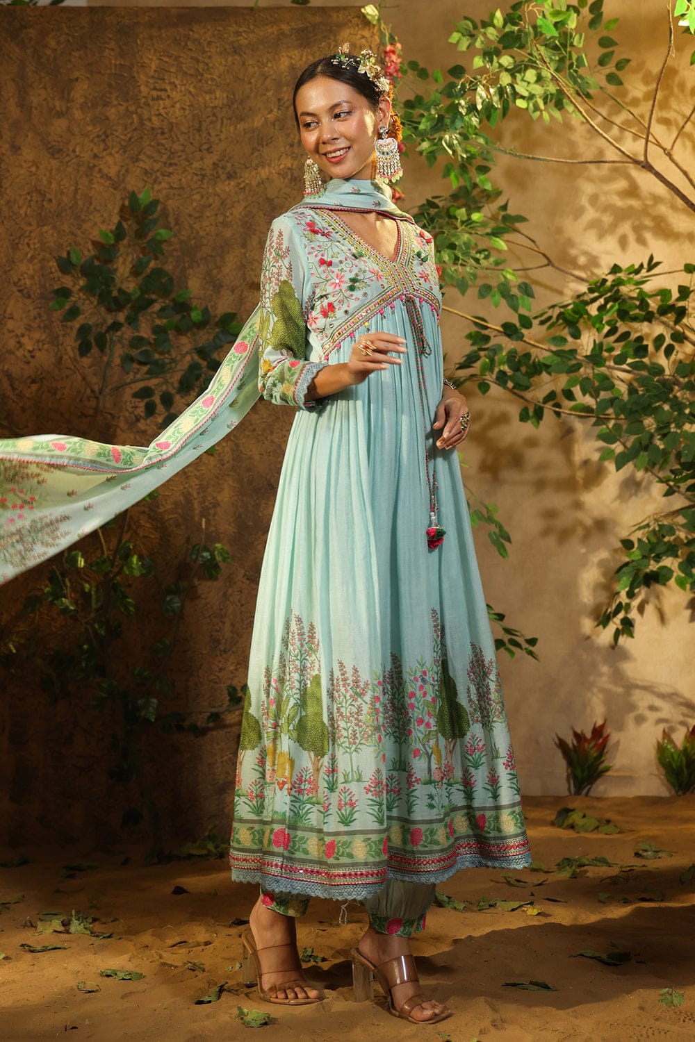 Maabetii Sky Blue Printed Embroider Muslin Alia Cut Afghani Suit Set